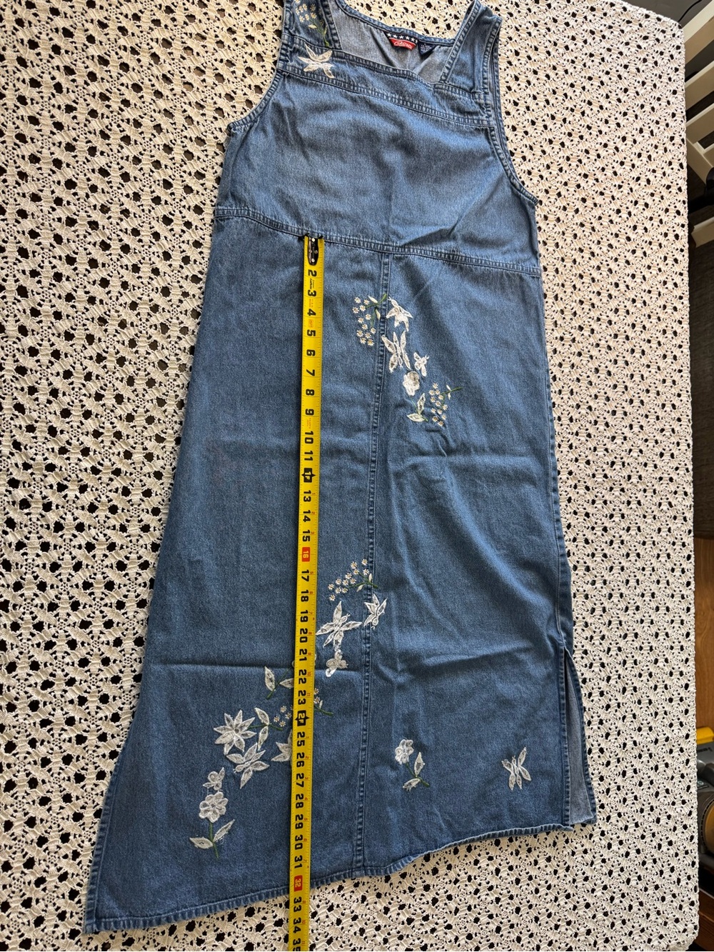 Agapo Denim Overall Midi Maxi Dress Sz M VTG 90s Y2K Embroidered Cottagecore - Picture 4 of 16